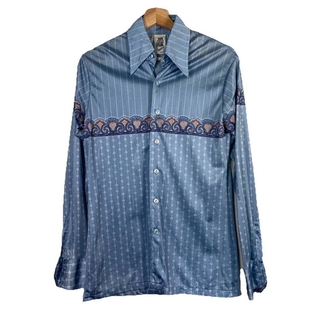 VTG 70s‎ Kennington Shirt Mens M Blue Stripe Print Long Sleeve Button Up Disco